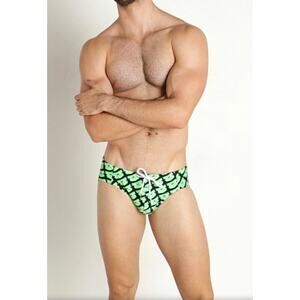 Men’s Swim Bikini Brief S Neon Green Black Print Speedo-Style Micro Trunk Kinky